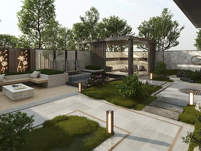 Serene Courtyard Garden Design With Outdoor Seating Area Green Plants Water Feature And Wooden Pavilion 3d model