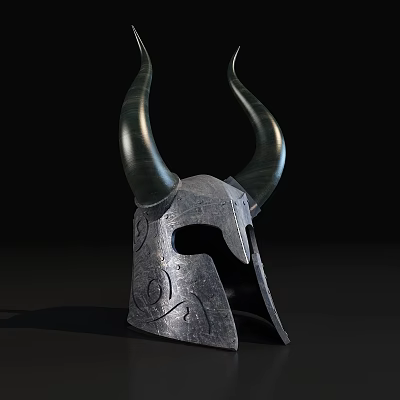 Ancient Horned Metal Helmet with Intricate Carved Designs and Curved Horns 3d model