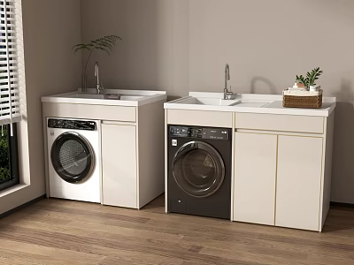 Balcony Cabinet Design With Washing Machine Sink Plant And Window Blind 3d model