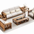 Natural Wooden Sofa Coffee Table Set With Beige Cushions Single Chairs Side Tables Table Lamps