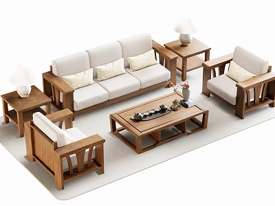 Natural Wooden Sofa Coffee Table Set With Beige Cushions Single Chairs Side Tables Table Lamps 3d model