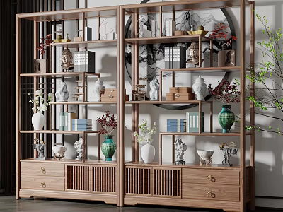 Traditional Chinese Wooden Curio Shelf With Drawers Vases Figurines Books And Decor 3d model