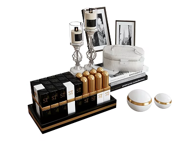 Luxury Perfume And Cosmetics Display With Black Gold Bottles White Case And Photo Frames 3d model