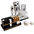 Luxury Perfume And Cosmetics Display With Black Gold Bottles White Case And Photo Frames