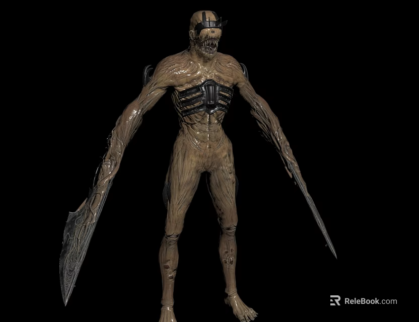 Thin Humanoid Game Movie Character With Dry Bark Skin Head Gear And Sharp Arm Blades 3d model
