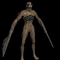 Thin Humanoid Game Movie Character With Dry Bark Skin Head Gear And Sharp Arm Blades 3d model