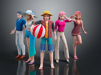 Vibrant Cartoon Characters In Different Outfits Male Female Standing In Line Holding Beach Ball 3d model