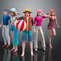 Vibrant Cartoon Characters In Different Outfits Male Female Standing In Line Holding Beach Ball