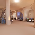 Cave Style Restaurant Interior Featuring Wooden Dome Arched Windows Tables Chairs And Warm Tones