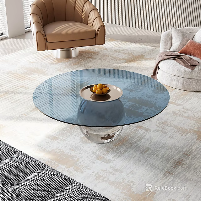 Round Glass Coffee Table With Silver Metal Base And Fruit Tray In Modern Living Room 3d model 