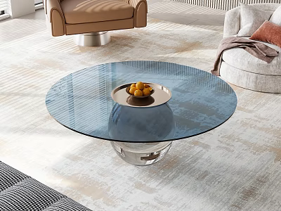 Round Glass Coffee Table With Silver Metal Base And Fruit Tray In Modern Living Room 3d model