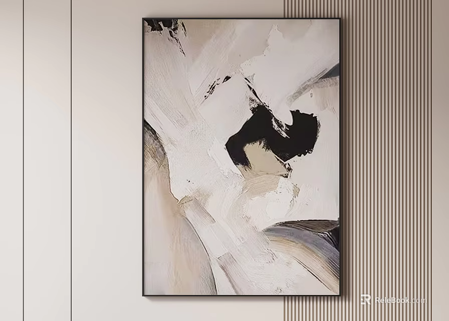 Modern Abstract Painting With Black White Beige Brushstrokes Minimalist Wall Art 3d model 