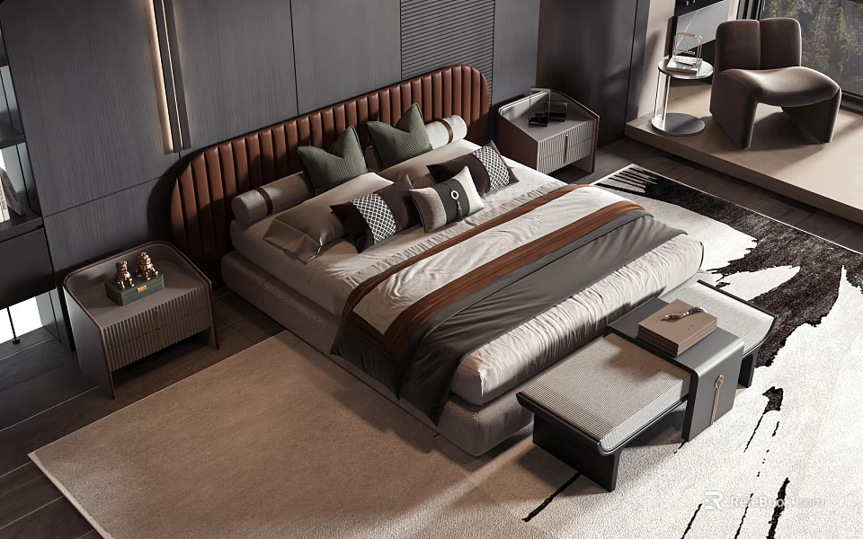 Elegant Double Bed With Brown Upholstered Headboard Green Gray Pillows Nightstands And Bed Bench 3d model 