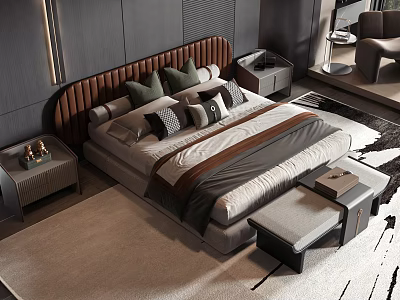Elegant Double Bed With Brown Upholstered Headboard Green Gray Pillows Nightstands And Bed Bench 3d model