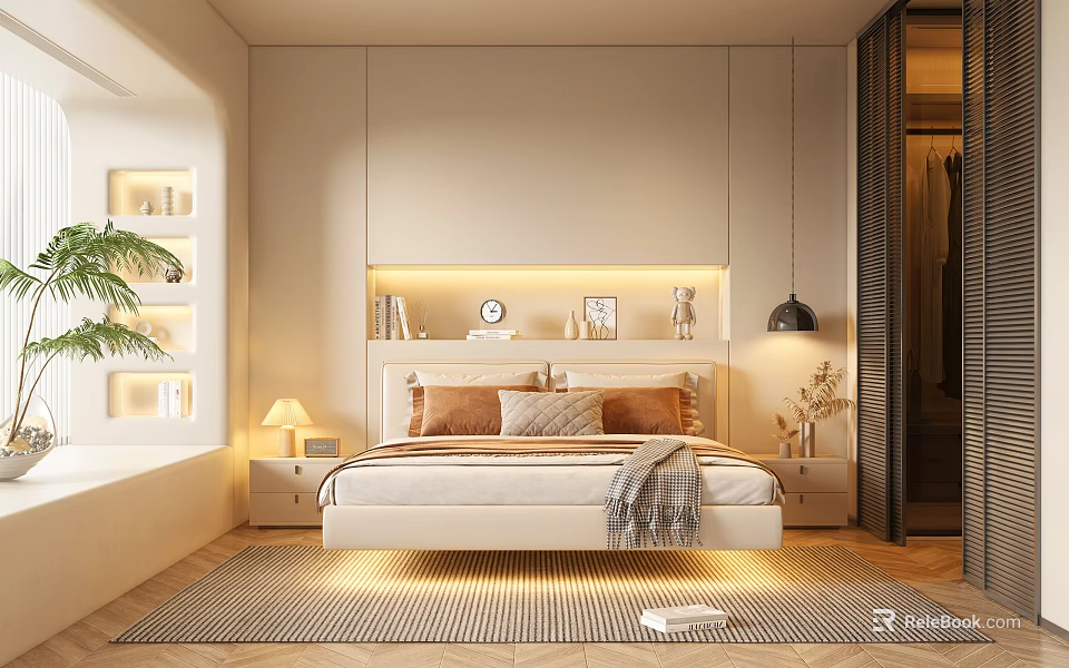 Modern Minimalist Bedroom Interior With Upholstered Bed Nightstands LED Lighting And Cozy Rug 3d model 