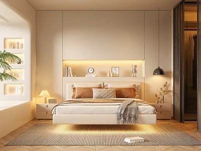 Modern Minimalist Bedroom Interior With Upholstered Bed Nightstands LED Lighting And Cozy Rug 3d model