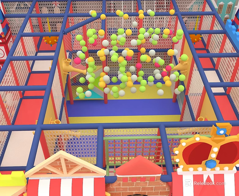 Colorful Ball Pit Playground Equipment with Mesh Fencing Different Colored Floors and Decorative Crown 3d model 