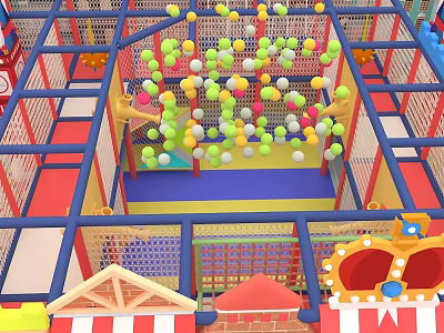 Colorful Ball Pit Playground Equipment with Mesh Fencing Different Colored Floors and Decorative Crown 3d model
