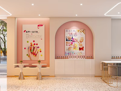 Modern Hotel Lobby Interior With Pink Walls Decorative Posters And Small Tables 3d model