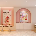 Modern Hotel Lobby Interior With Pink Walls Decorative Posters And Small Tables