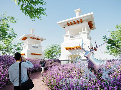 Scenic Pedestrian Walkway With Purple Flowers Tower Structures And Deer Sculpture For Walking 3d model