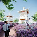 Scenic Pedestrian Walkway With Purple Flowers Tower Structures And Deer Sculpture For Walking