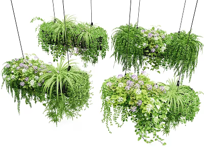 Lush Green Hanging Basket Plants With Various Foliage And Purple Flowers For Home Decor 3d model