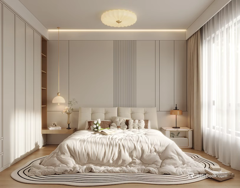Modern Bedroom With Large Bed Wardrobe Nightstand Ceiling Lamp Rug And Vertical Stripe Wall 3d model 