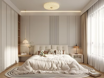Modern Bedroom With Large Bed Wardrobe Nightstand Ceiling Lamp Rug And Vertical Stripe Wall 3d model
