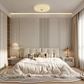 Modern Bedroom With Large Bed Wardrobe Nightstand Ceiling Lamp Rug And Vertical Stripe Wall