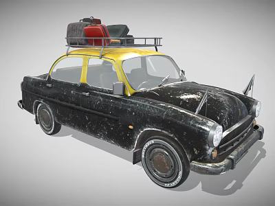 Vintage Black And Yellow Car With Roof Rack Carrying Luggage 3d model