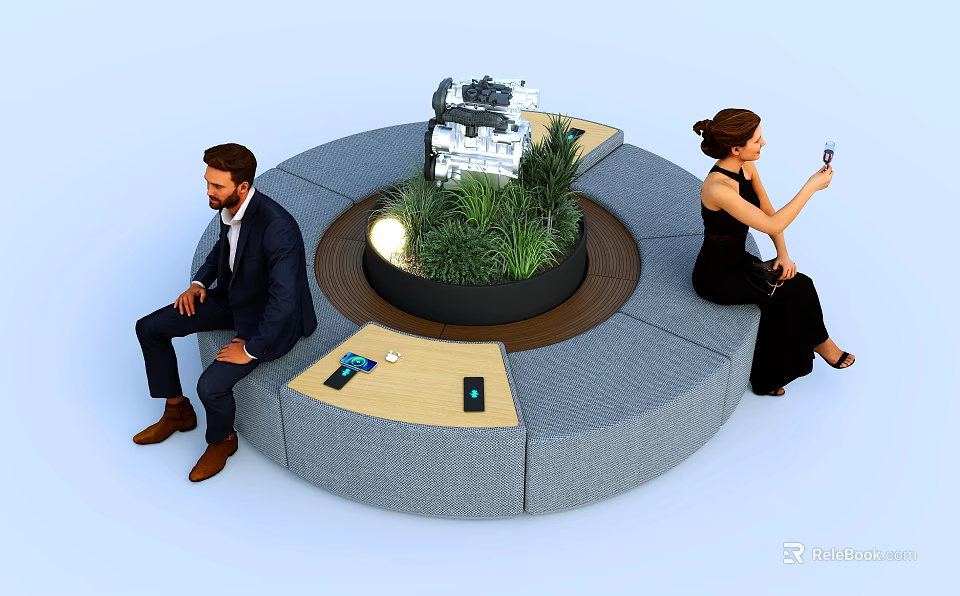 Modern Circular Public Chair With Central Green Planter And Charging Ports 3d model 