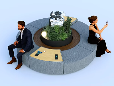 Modern Circular Public Chair With Central Green Planter And Charging Ports 3d model