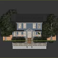 Blue Detached House With Black Roof Solar Panels Green Lawn And Trees