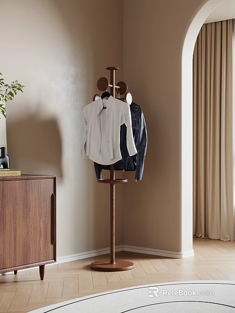 Stylish Wooden Coat Rack With Hanging Shirt And Jacket In Modern Interior 3d model 