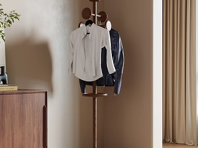 Stylish Wooden Coat Rack With Hanging Shirt And Jacket In Modern Interior 3d model