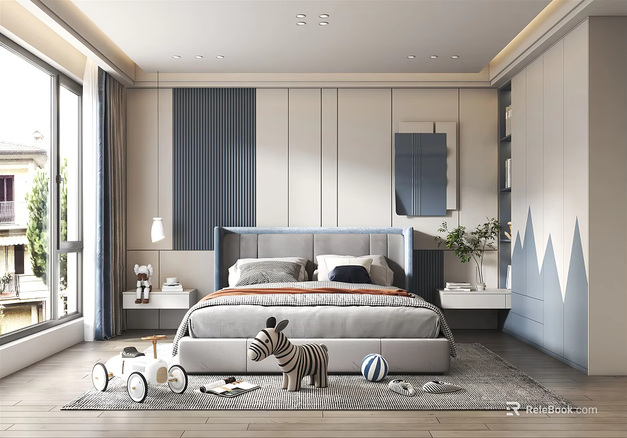 Modern Kids Bedroom With Comfortable Bed Playful Toys And Striped Wall 3d model 