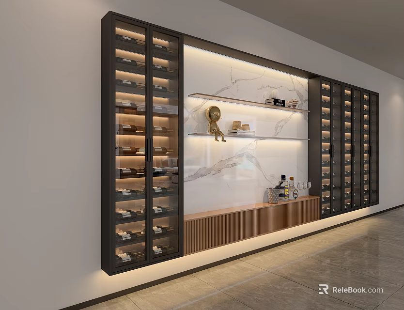 Modern Wine Cabinet With Layered Racks Marble Countertop And Wooden Accents 3d model 