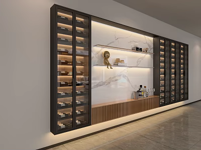Modern Wine Cabinet With Layered Racks Marble Countertop And Wooden Accents 3d model