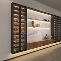 Modern Wine Cabinet With Layered Racks Marble Countertop And Wooden Accents