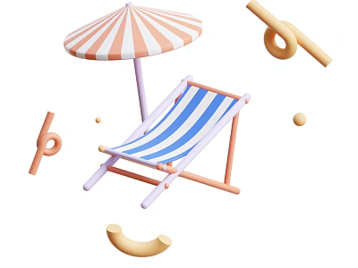3D Style Decorative Ornament Set Featuring Pink White Striped Umbrella Blue White Striped Lounge Chair 3d model