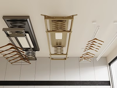 Ceiling Mounted Drying Racks In Three Colors With Hanging Clothes Hangers 3d model
