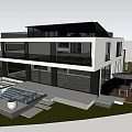 Modern Detached Villa Exterior With Large Glass Windows Flat Roof And Landscaped Lawn