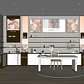 Modern Live Stream Studio with Host Desk Lighting Equipment Background Screens and Product Display Shelves