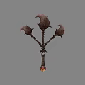 Ornate Fantasy Warhammer With Three Spiked Heads And Bone Structured Flaming Base