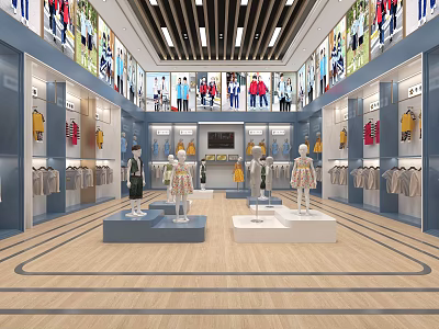 Clothing Store Interior Design With Mannequins Hanging Clothes And Display Racks 3d model