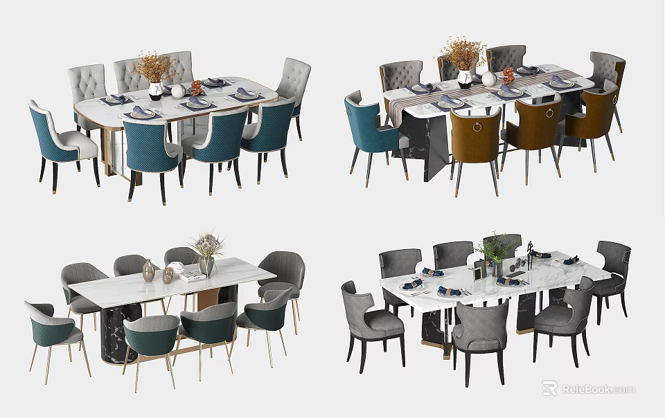 Modern Dining Table Set With Colorful Chairs And Decorative Vase 3d model