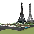 Multiple Eiffel Tower Replicas with Various Designs Displayed on Green Lawn 3d model
