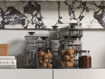 Stylish Glass Spice Jars Arranged On Kitchen Shelf With Marble Backdrop And Books 3d model