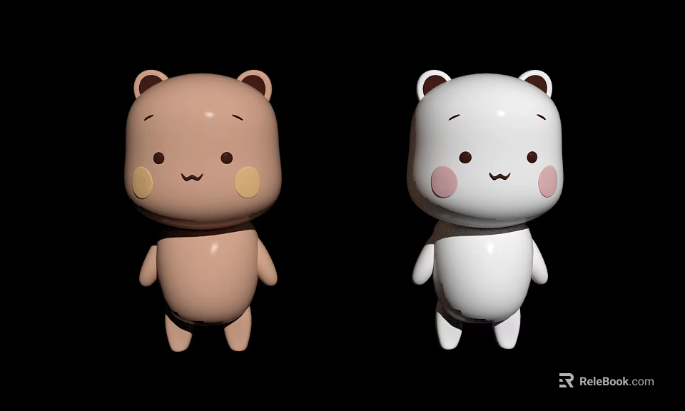 Brown And White Bear Plush Toys With Smiling Faces And Cheek Blushes Against Black Background 3d model 